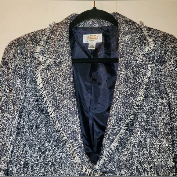 Talbots Womens Blue & White Tweed Fringed Blazer Jacket Size 8 - Picture 3 of 10
